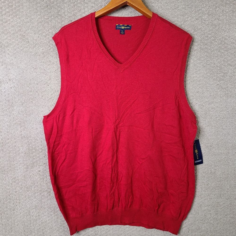 Club Room Sweater Vest Mens XL Red V Neck Cotton Sleeveless Casual Preppy NEW